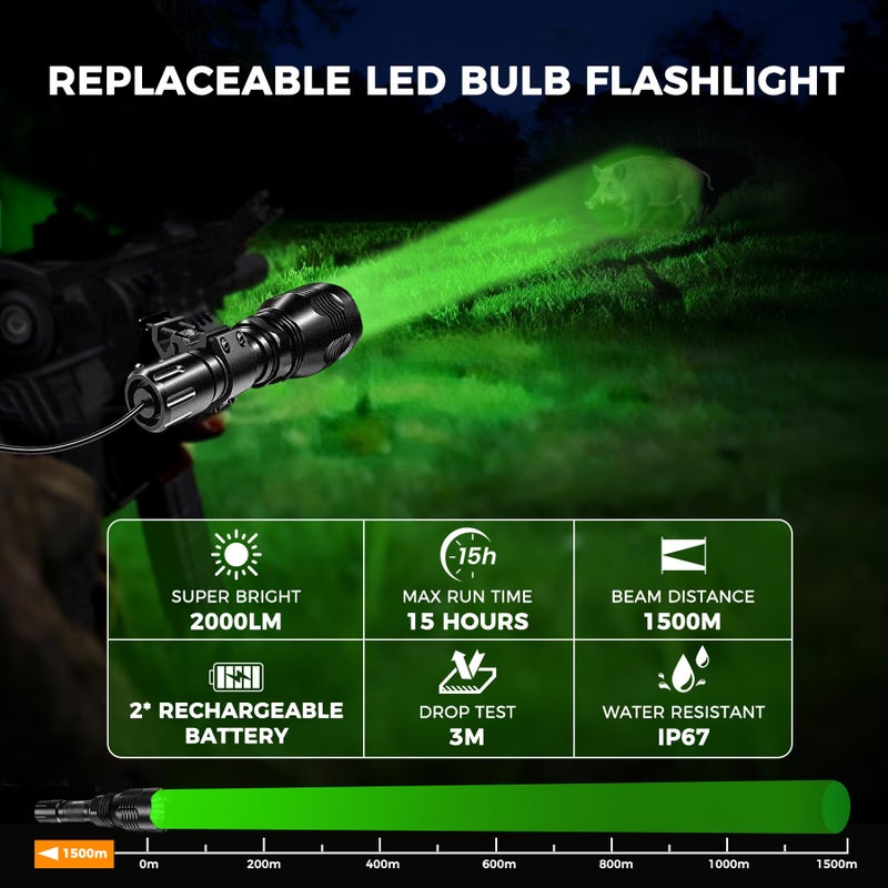 VASTFIRE Predator Light with Interchangeable (Red, Green, White) LED Hunting Flashlight with Scope Mount for Hog Coyote Coon Bobcat Raccoon Varmint Rabbit Night Hunting - Image 2